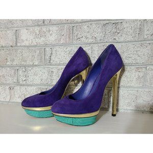 Brian Atwood Purple Suede Pumps w/Turquoise Python Skin Accent US Womens 6